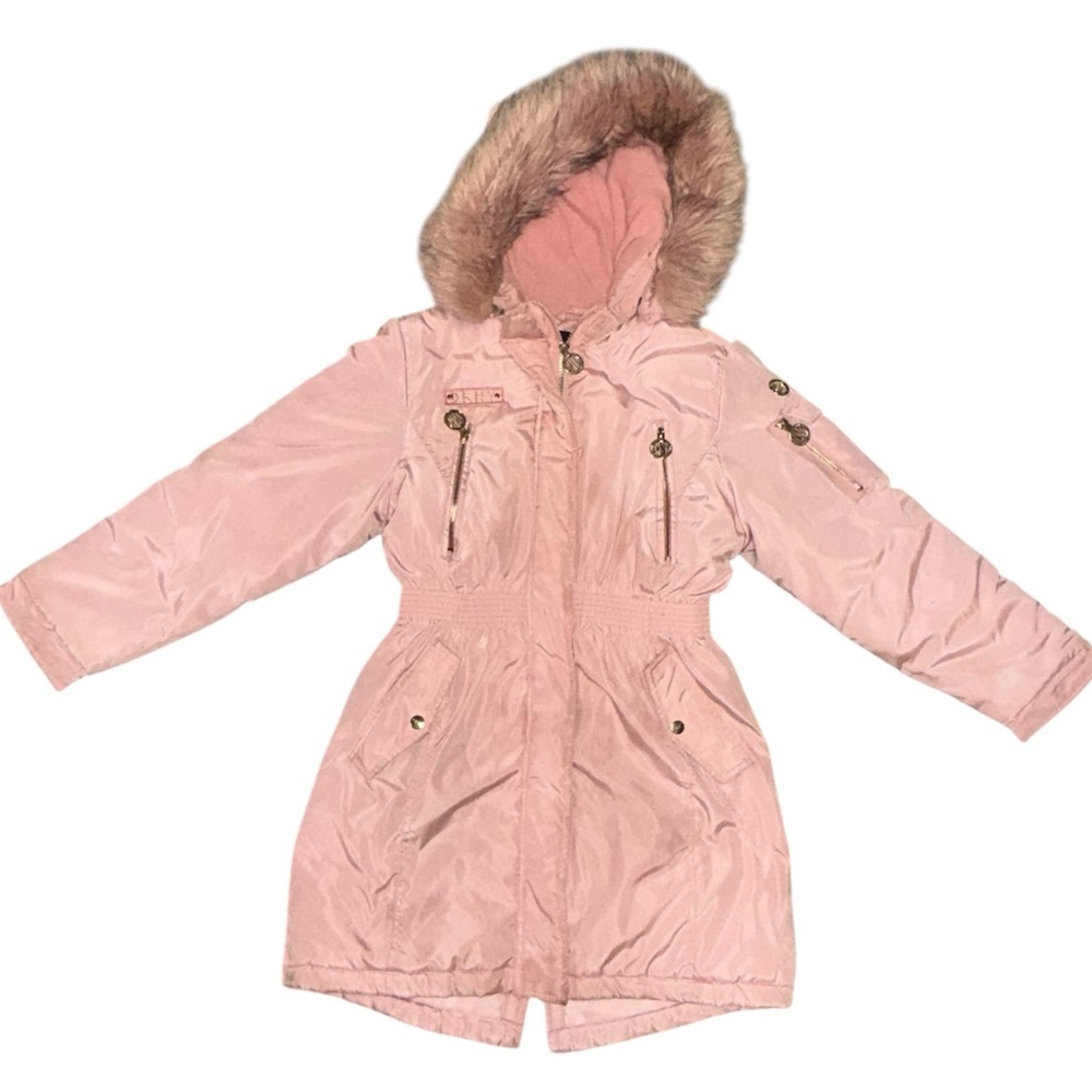 DKNY Girls Pink Blusterous Faux Fur Hooded Winter Coat in Youth Size L (14/16)